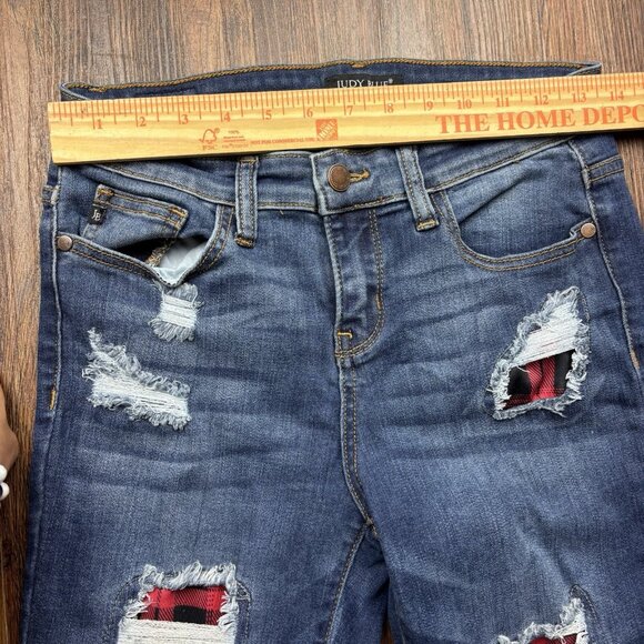 Judy Blue Skinny Jeans Buffalo Plaid Patch Distressed Medium Wash Size 7/28 - Picture 7 of 11